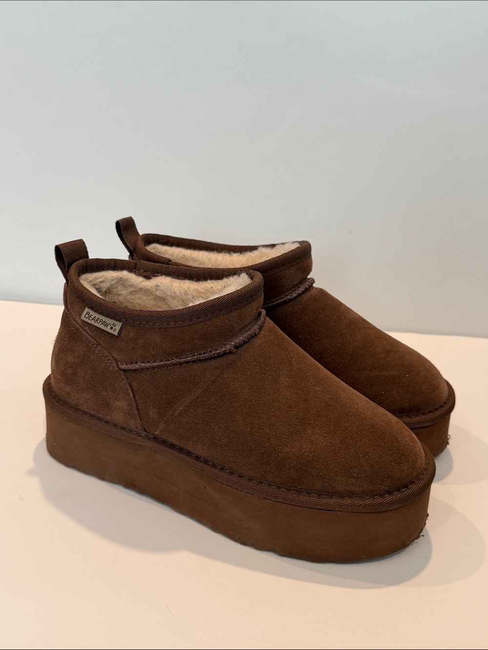 BearPaw Retro Shorty Brown Suede Platform Leather Ankle Boots Shearling Lining 8